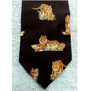 Tiger 100% Silk Black Tie 1990s Vintage Endangered Species Necktie